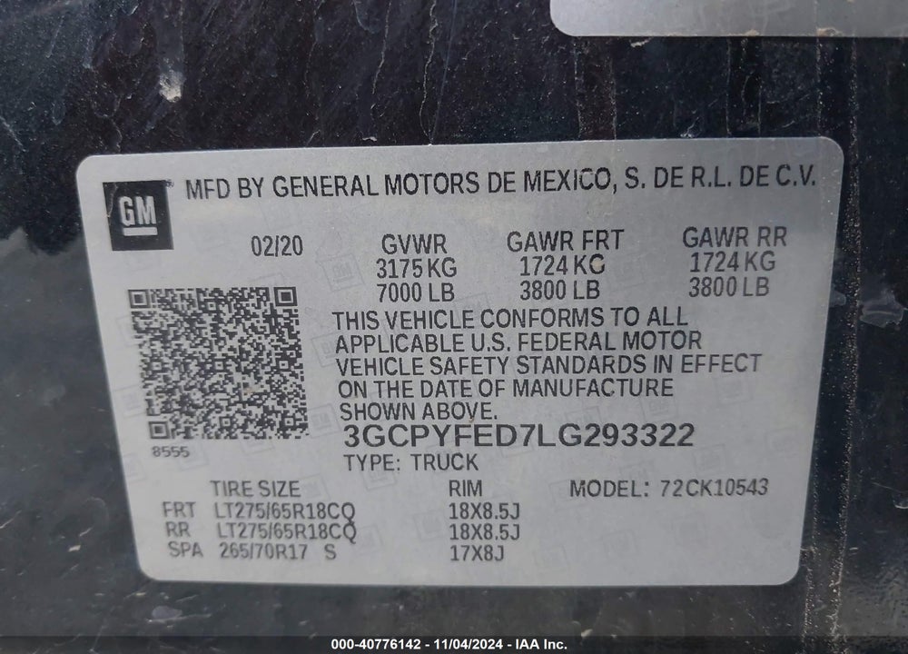 2020 CHEVROLET SILVERADO 1500 4WD SHORT BED LT TRAIL BOSS VIN: 3GCPYFED7LG293322