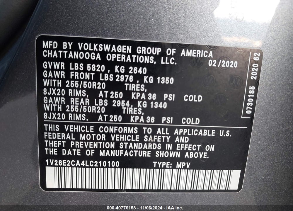 2020 VOLKSWAGEN ATLAS CROSS SPORT 3.6L V6 SE W/TECHNOLOGY/3.6L V6 SE W/TECHNOLOGY R-LINE VIN: 1V26E2CA4LC210100