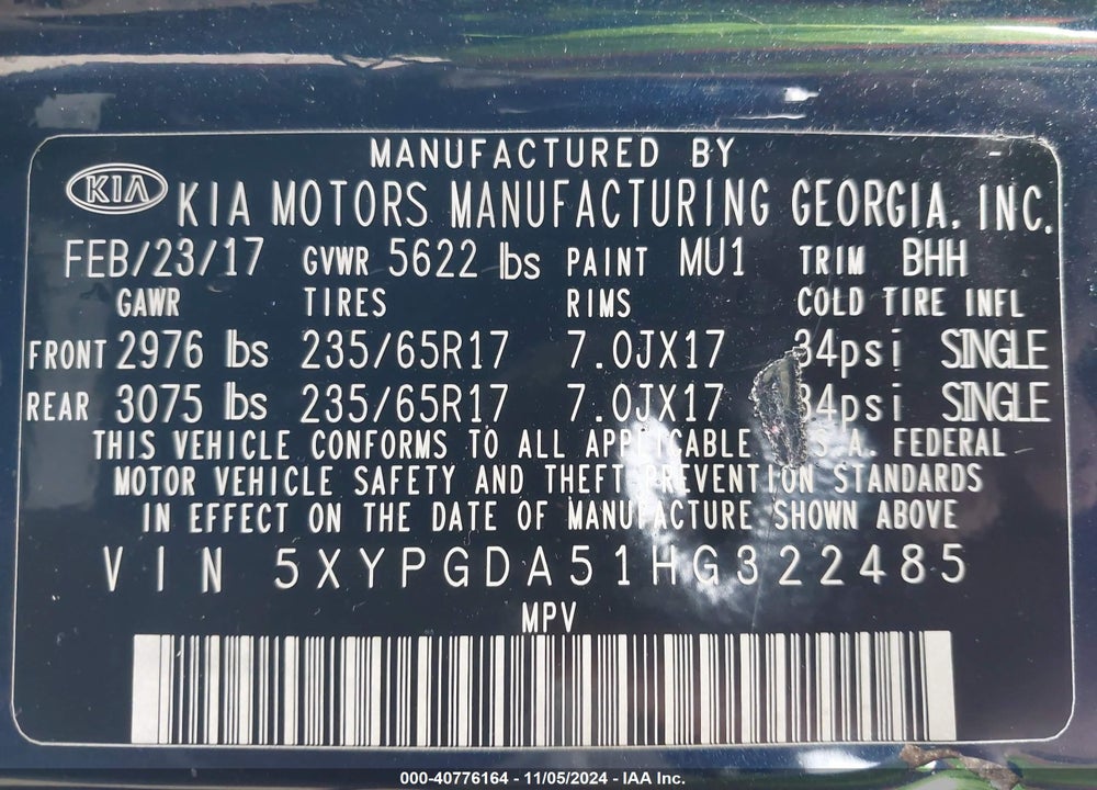 2017 KIA SORENTO LX V6 VIN: 5XYPGDA51HG322485