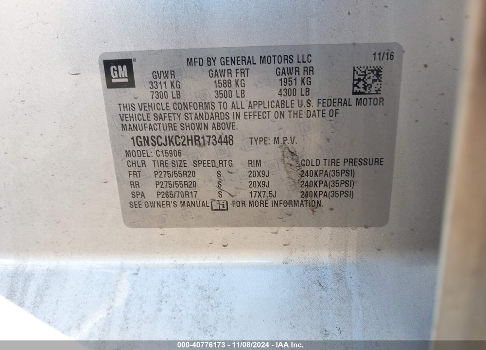 2017 CHEVROLET SUBURBAN PREMIER VIN: 1GNSCJKC2HR173448
