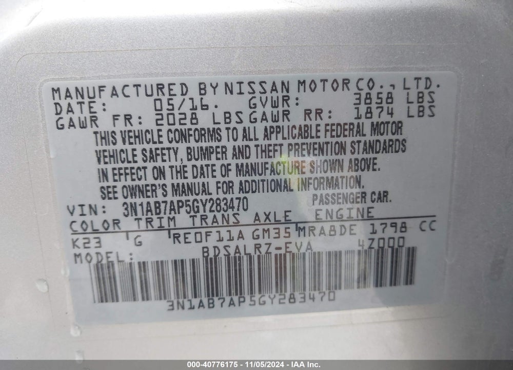2016 NISSAN SENTRA SR VIN: 3N1AB7AP5GY283470