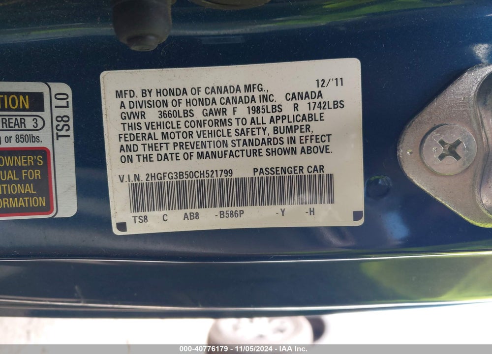 2012 HONDA CIVIC LX VIN: 2HGFG3B50CH521799