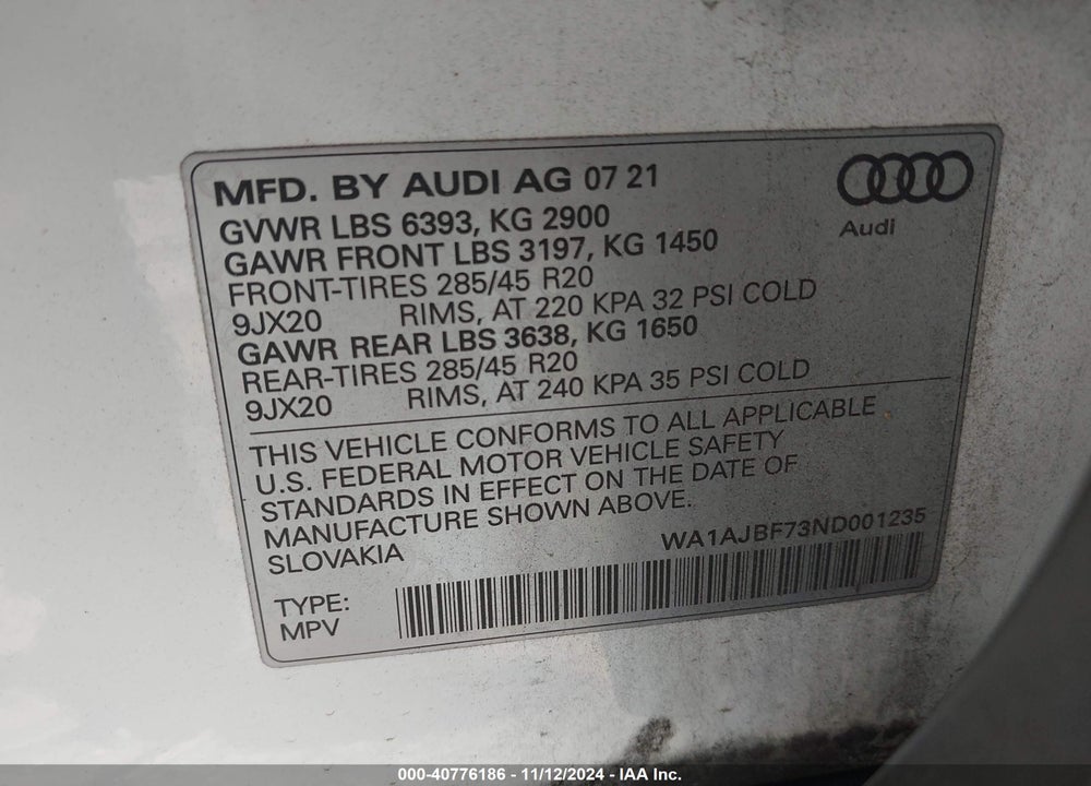 2022 AUDI Q7 VIN: WA1AJBF73ND001235