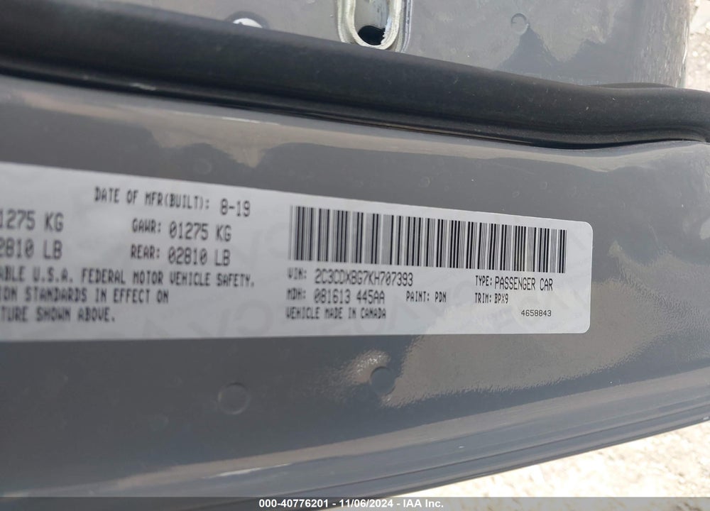 2019 DODGE CHARGER SXT RWD VIN: 2C3CDXBG7KH707393
