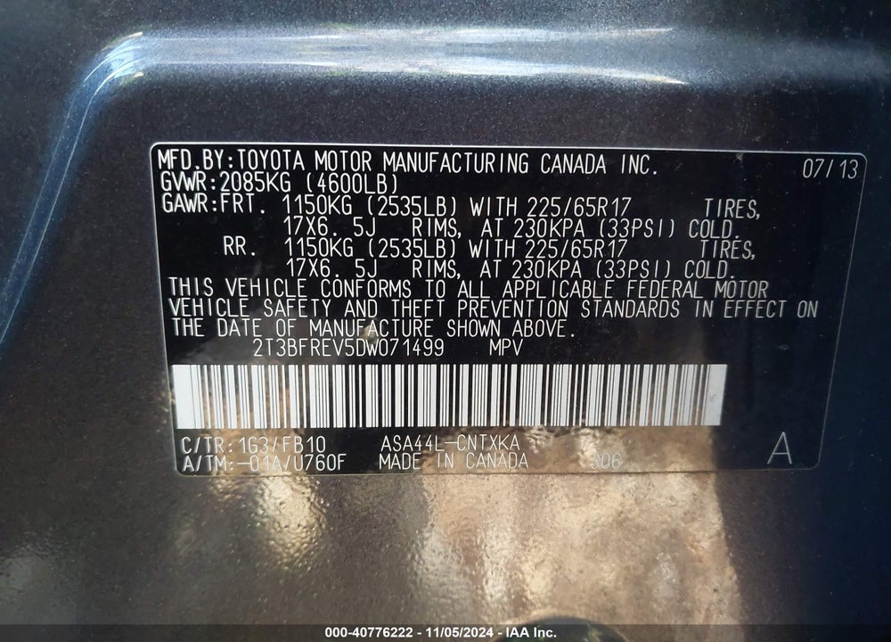 2013 TOYOTA RAV4 LE VIN: 2T3BFREV5DW071499
