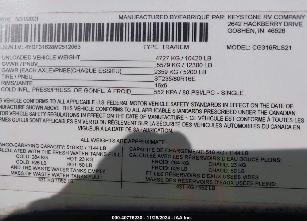 2021 KEYSTONE COUGAR M-316 RLS VIN: 4YDF31628M2512063