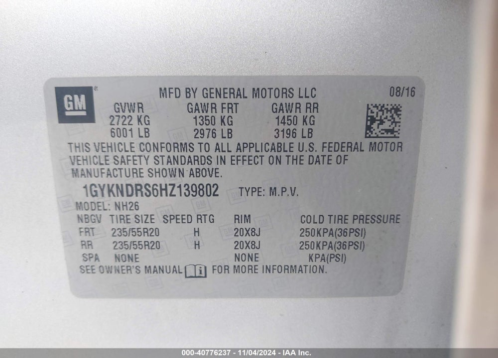 2017 CADILLAC XT5 LUXURY VIN: 1GYKNDRS6HZ139802