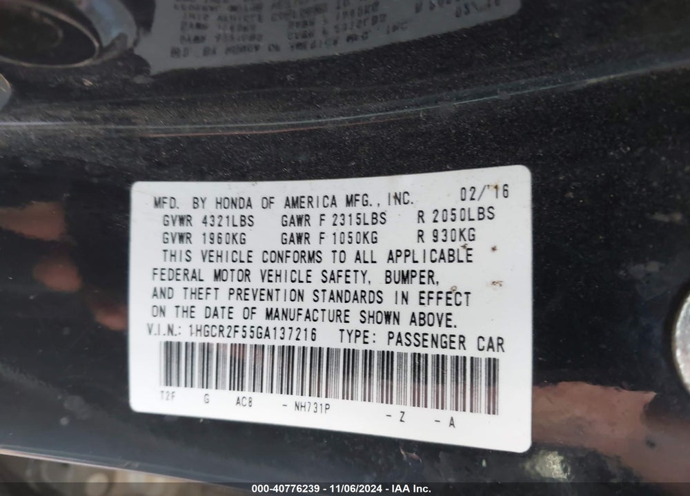 2016 HONDA ACCORD SPORT VIN: 1HGCR2F55GA137216