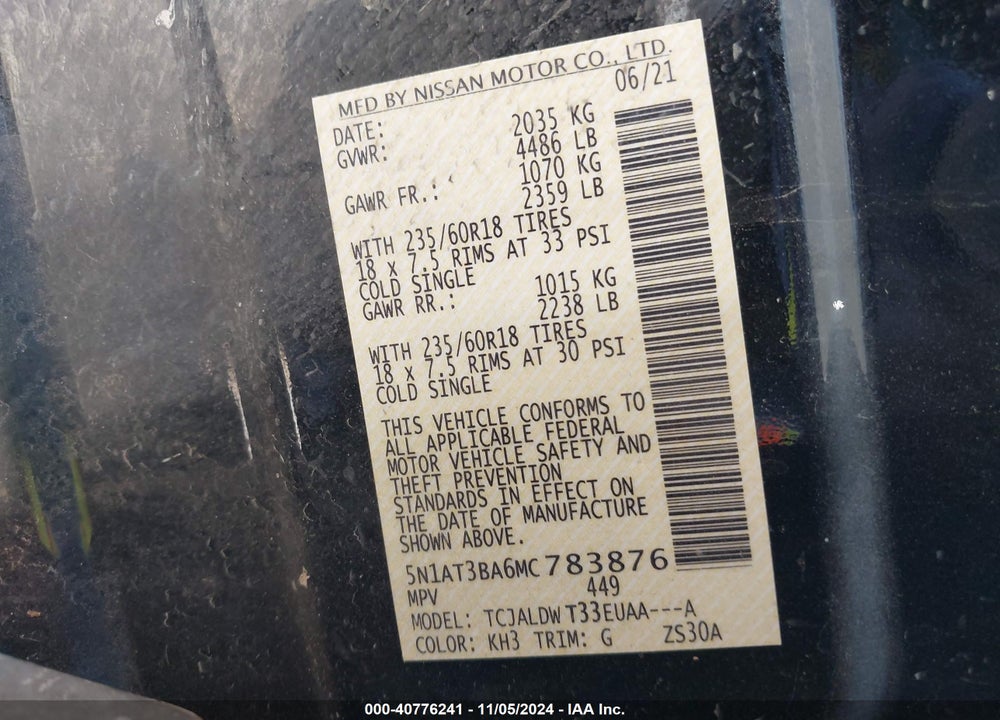 2021 NISSAN ROGUE SV FWD VIN: 5N1AT3BA6MC783876