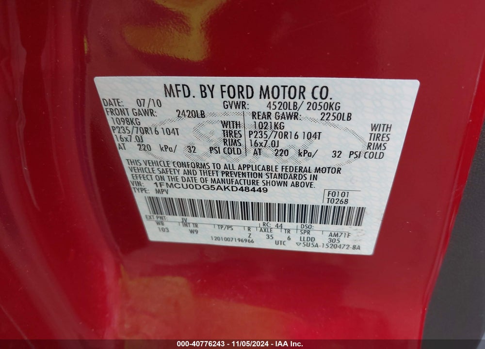 2010 FORD ESCAPE XLT VIN: 1FMCU0DG5AKD48449