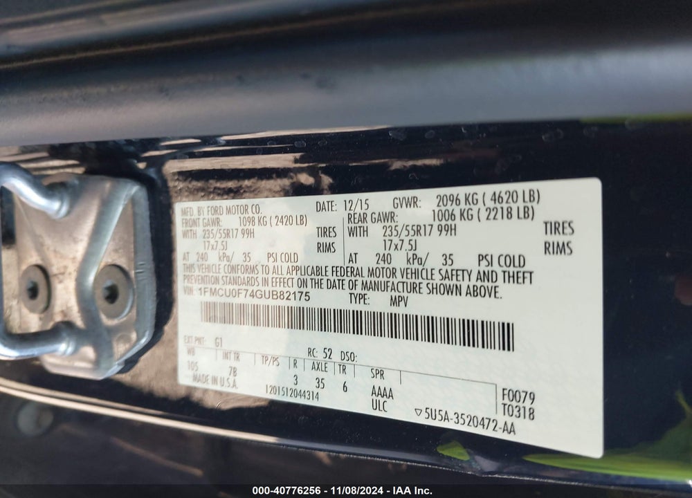 2016 FORD ESCAPE S VIN: 1FMCU0F74GUB82175