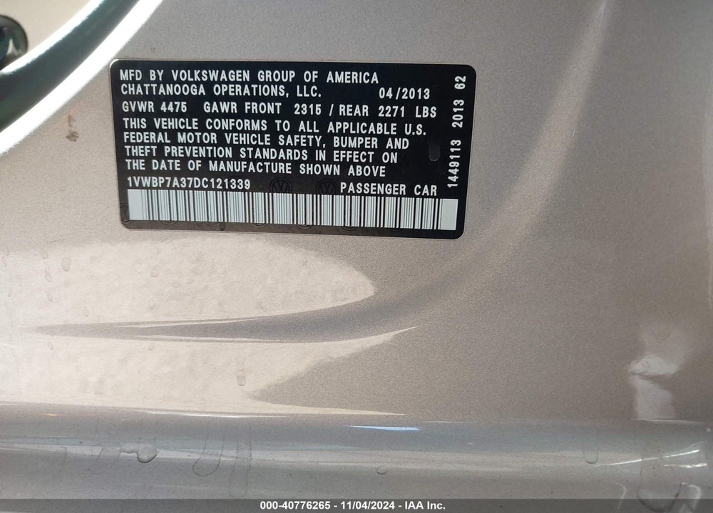 2013 VOLKSWAGEN PASSAT 2.5L SE VIN: 1VWBP7A37DC121339