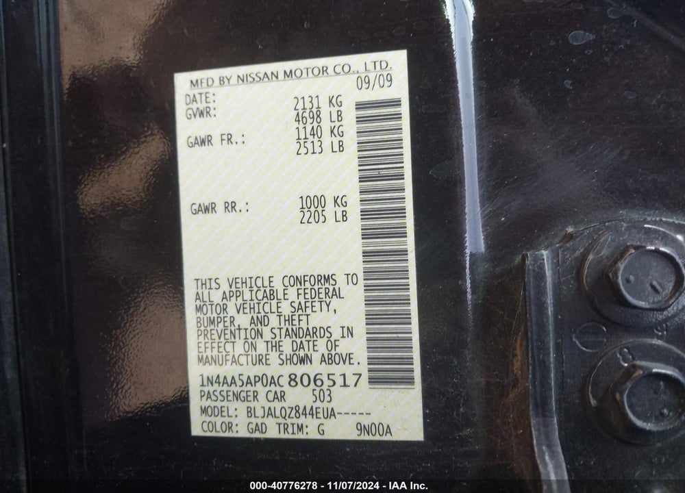 2010 NISSAN MAXIMA 3.5 S VIN: 1N4AA5AP0AC806517