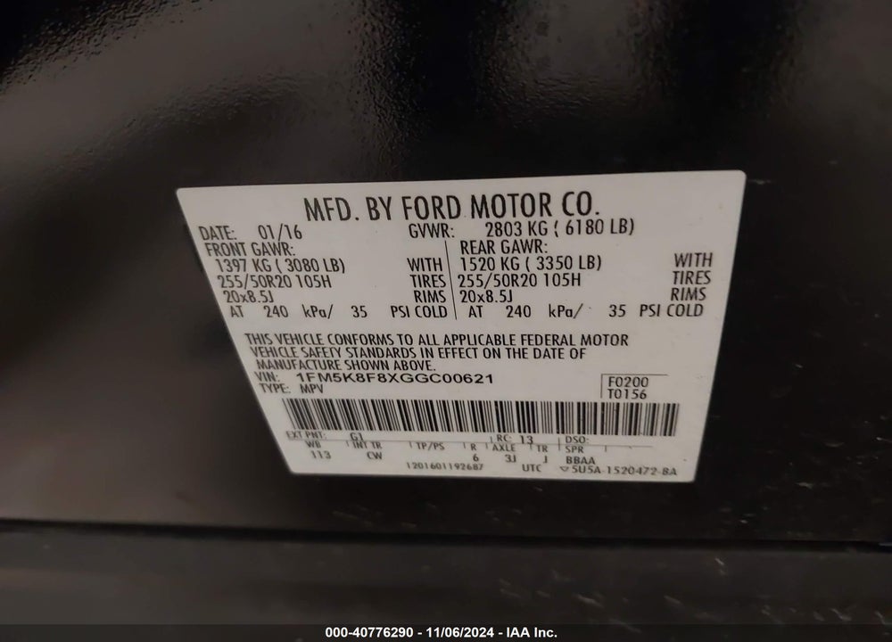 2016 FORD EXPLORER LIMITED VIN: 1FM5K8F8XGGC00621