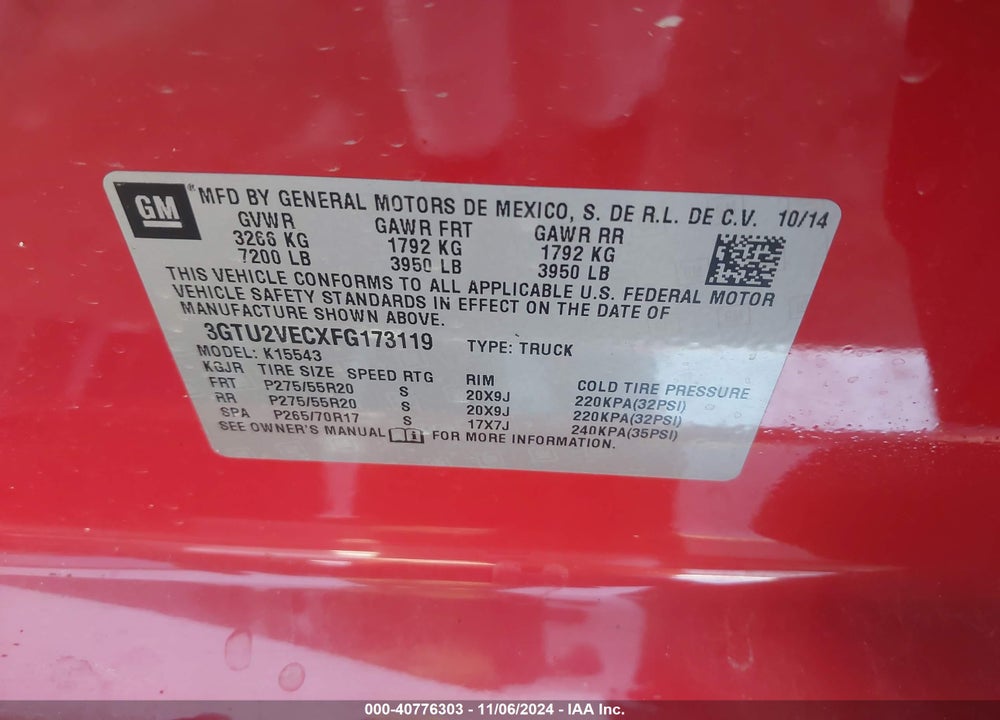 2015 GMC SIERRA 1500 SLT VIN: 3GTU2VECXFG173119
