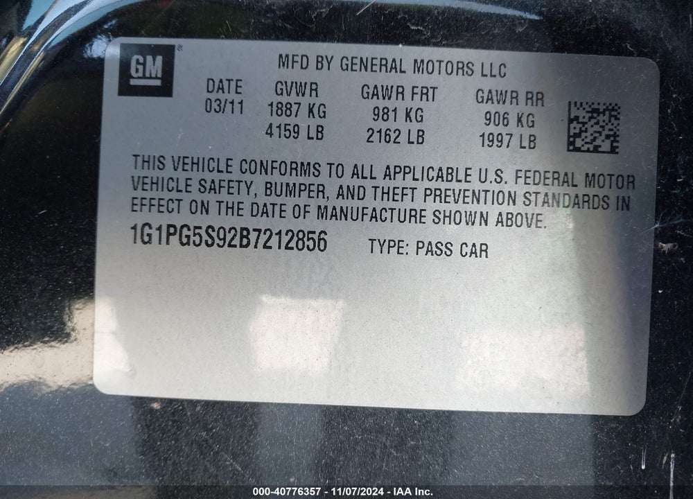 2011 CHEVROLET CRUZE 2LT VIN: 1G1PG5S92B7212856