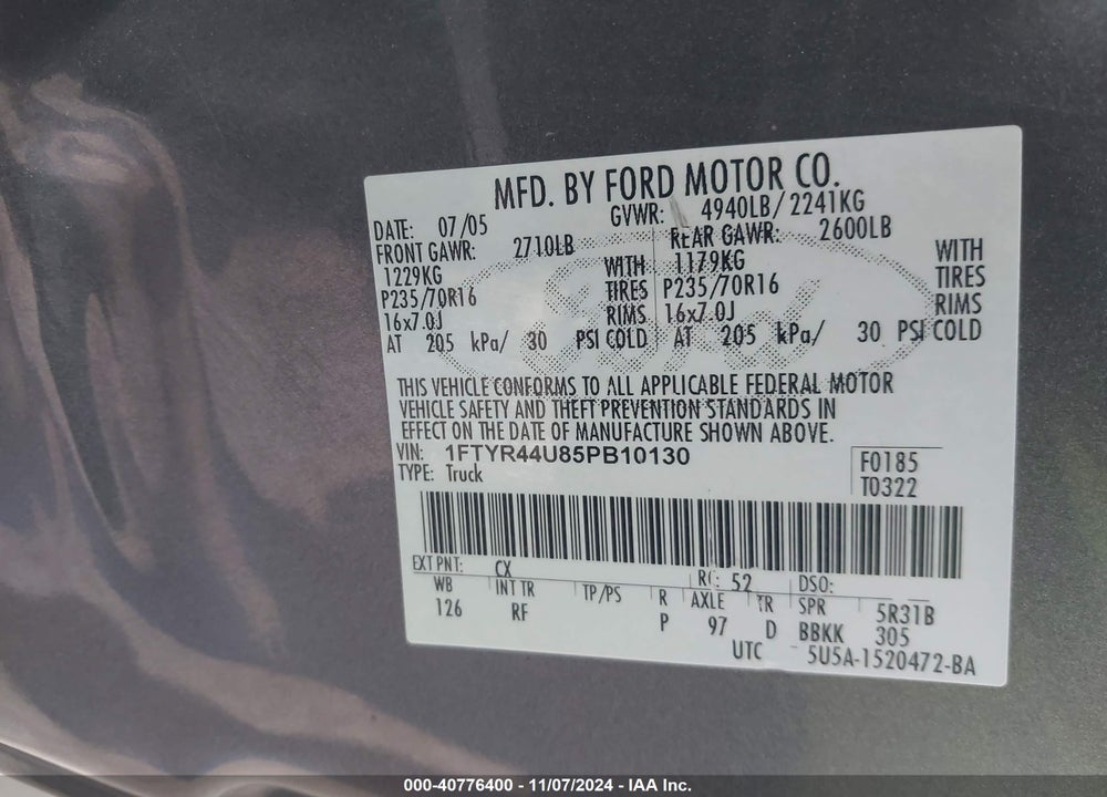 2005 FORD RANGER EDGE/STX/XLT VIN: 1FTYR44U85PB10130