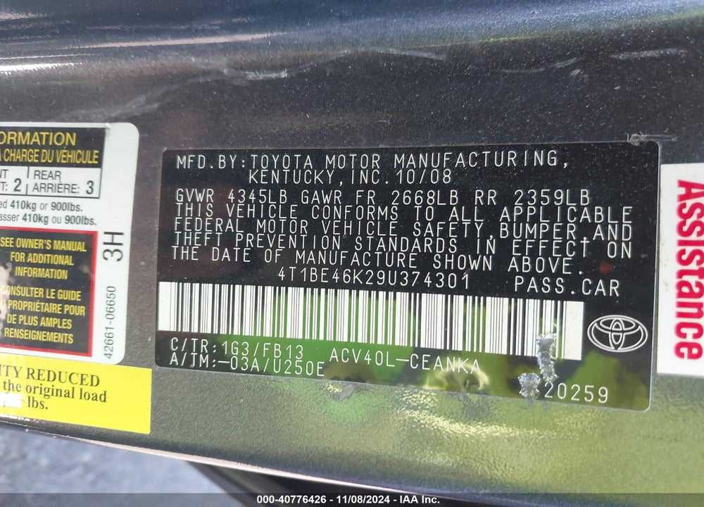 2009 TOYOTA CAMRY LE VIN: 4T1BE46K29U374301