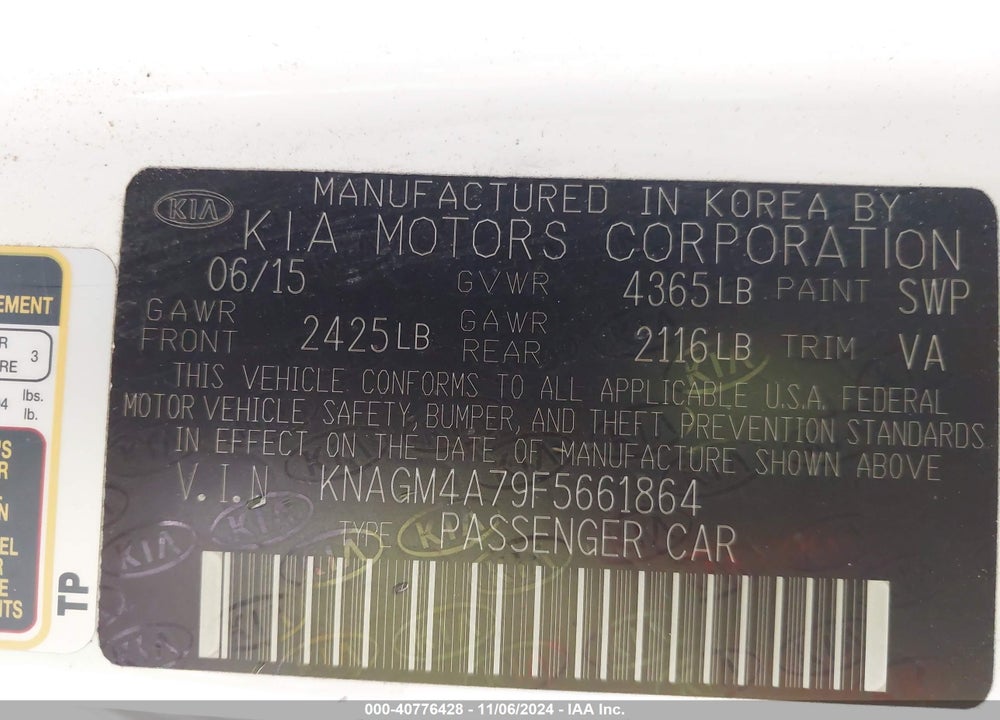 2015 KIA OPTIMA LX VIN: KNAGM4A79F5661864