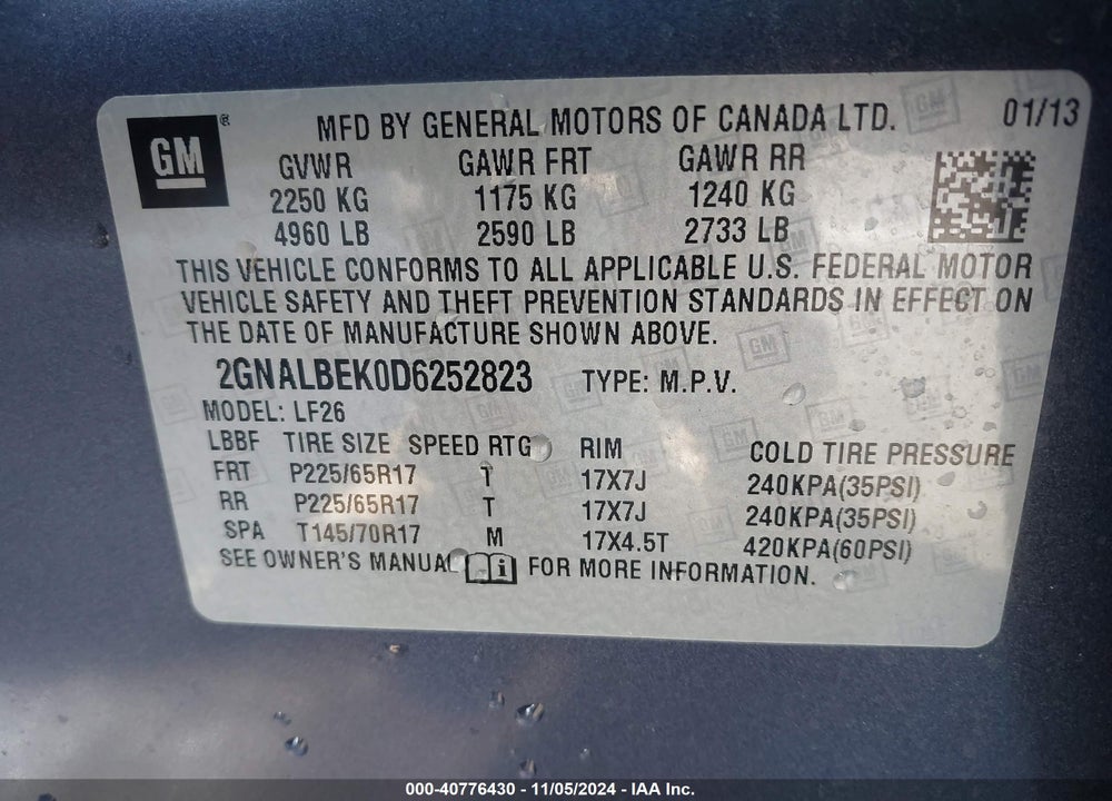 2013 CHEVROLET EQUINOX LS VIN: 2GNALBEK0D6252823