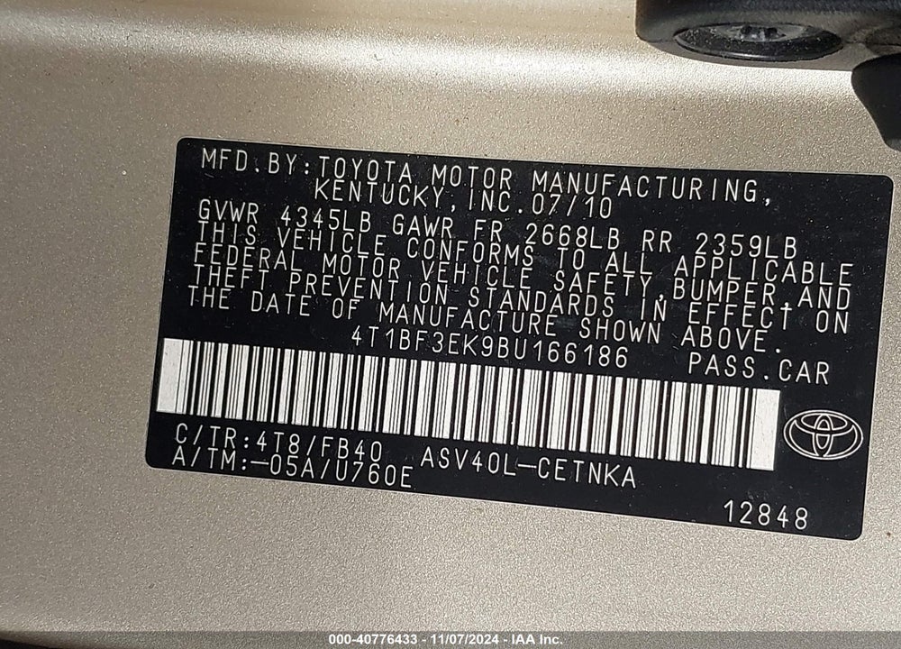 2011 TOYOTA CAMRY LE VIN: 4T1BF3EK9BU166186