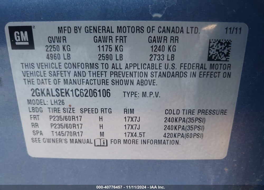 2012 GMC TERRAIN SLE-2 VIN: 2GKALSEK1C6206106