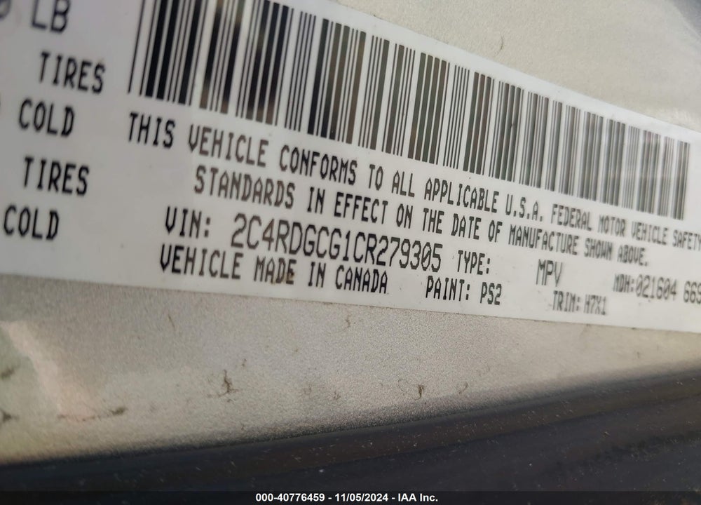 2012 DODGE GRAND CARAVAN SXT VIN: 2C4RDGCG1CR279305