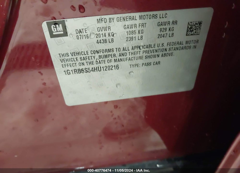 2017 CHEVROLET VOLT PREMIER VIN: 1G1RB6S54HU120216
