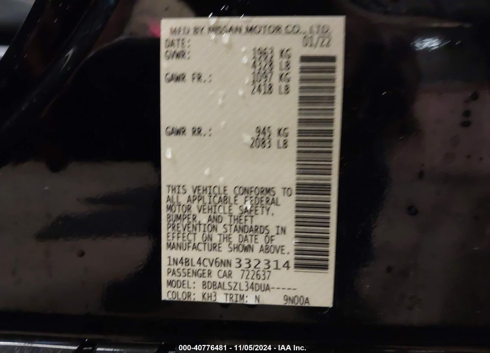2022 NISSAN ALTIMA SR FWD VIN: 1N4BL4CV6NN332314