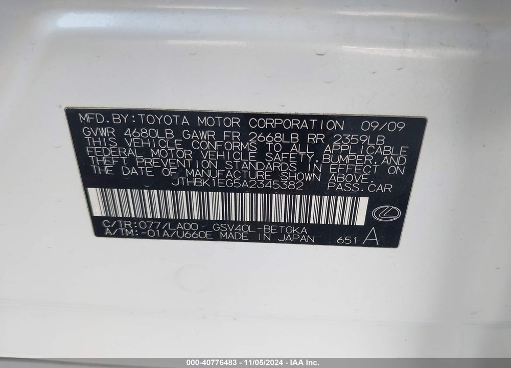 2010 LEXUS ES 350 VIN: JTHBK1EG5A2345382