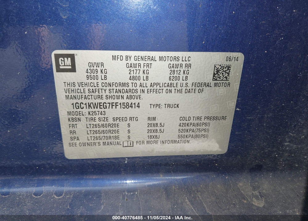 2015 CHEVROLET SILVERADO 2500HD LTZ VIN: 1GC1KWEG7FF158414