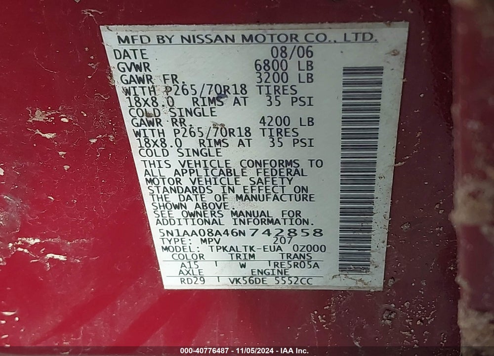 2006 NISSAN ARMADA SE VIN: 5N1AA08A46N742858