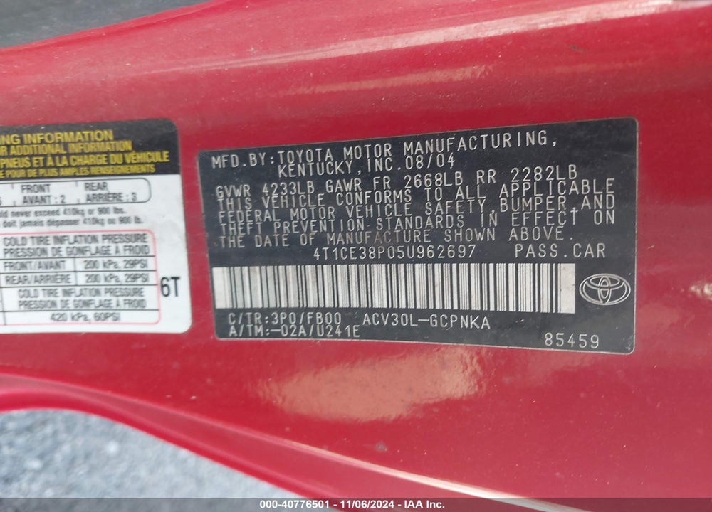 2005 TOYOTA CAMRY SOLARA SE VIN: 4T1CE38P05U962697