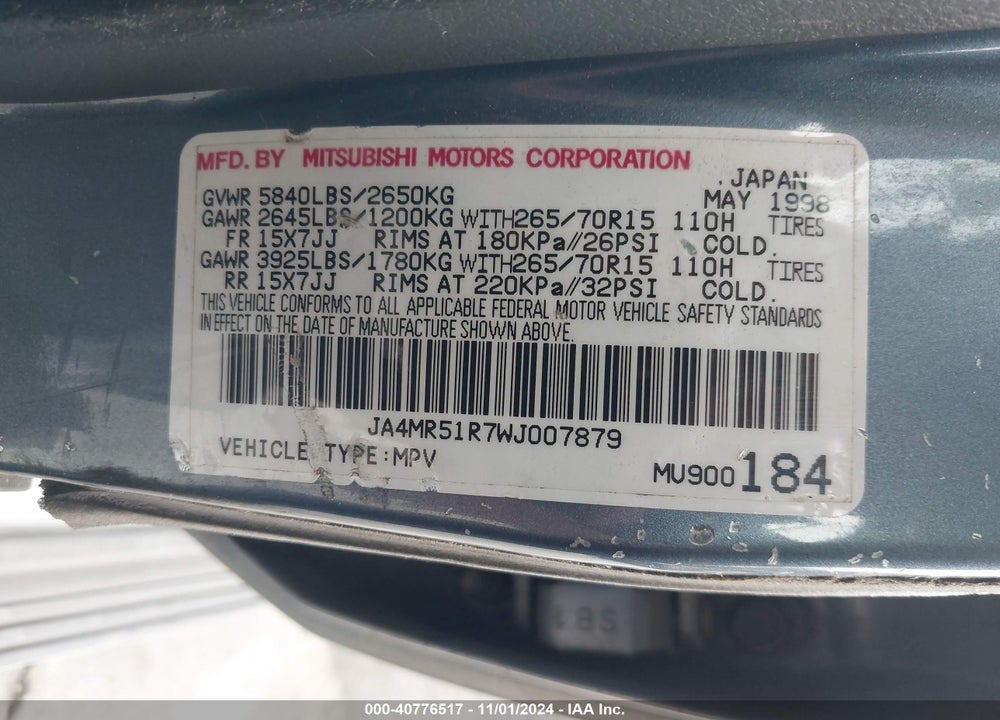 1998 MITSUBISHI MONTERO VIN: JA4MR51R7WJ007879