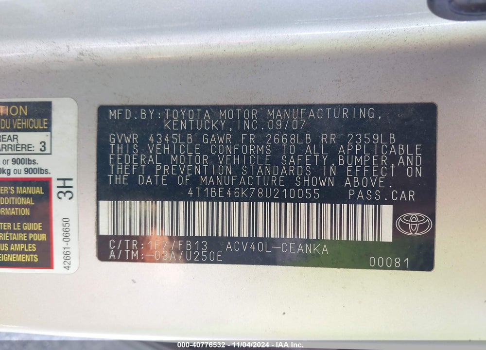 2008 TOYOTA CAMRY LE VIN: 4T1BE46K78U210055