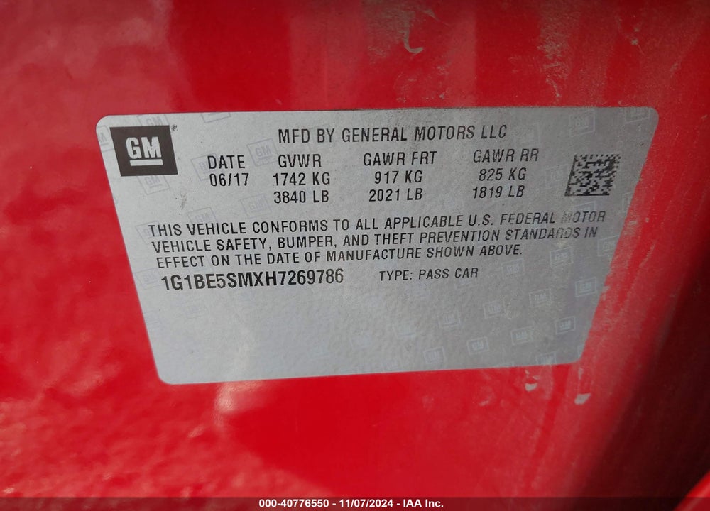 2017 CHEVROLET CRUZE LT AUTO VIN: 1G1BE5SMXH7269786