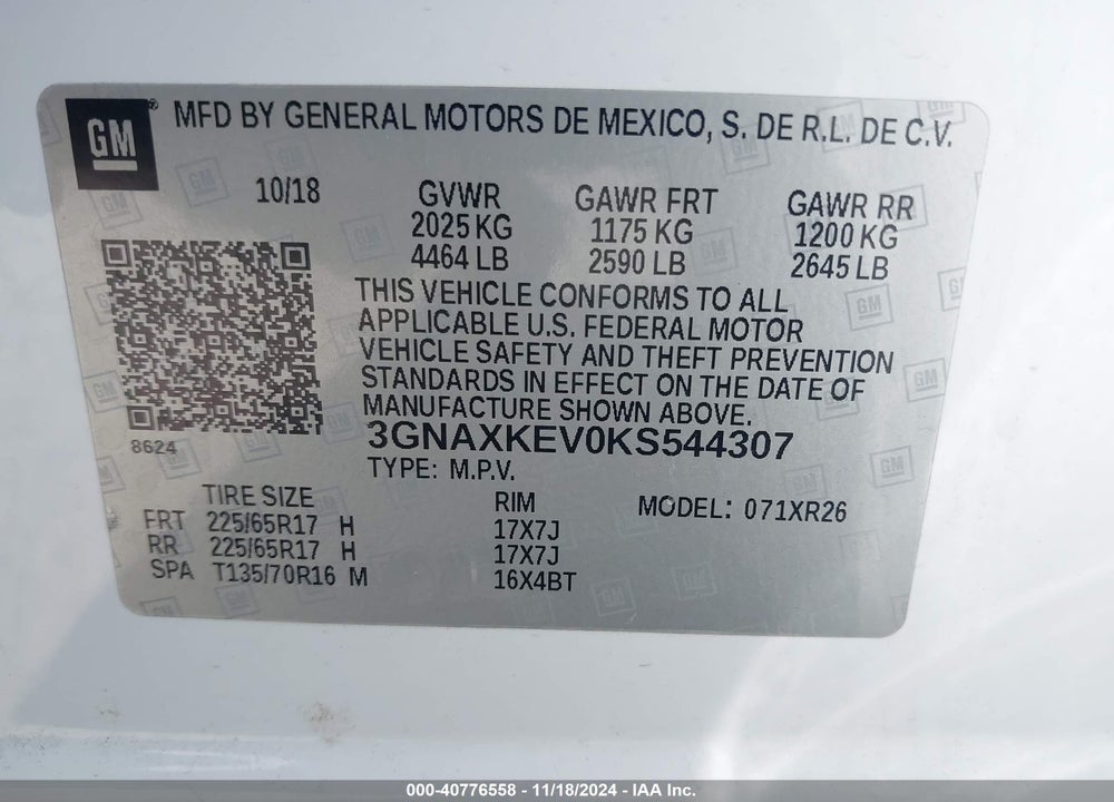 2019 CHEVROLET EQUINOX LT VIN: 3GNAXKEV0KS544307