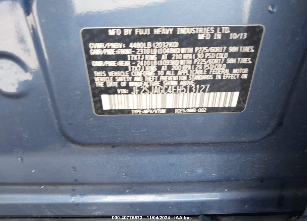 2014 SUBARU FORESTER 2.5I PREMIUM VIN: JF2SJAGC4EH513127
