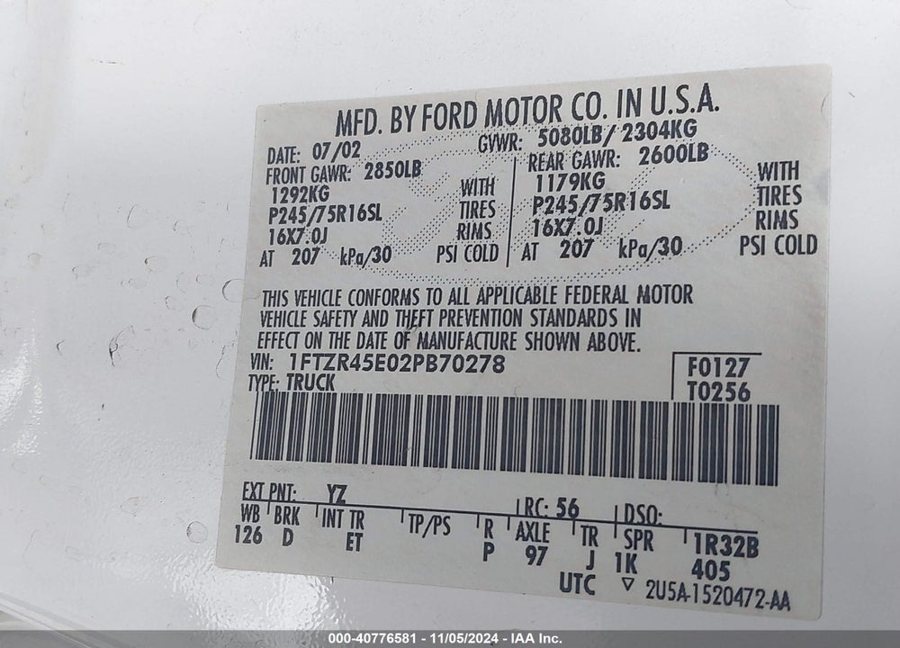 2002 FORD RANGER EDGE/XLT VIN: 1FTZR45E02PB70278