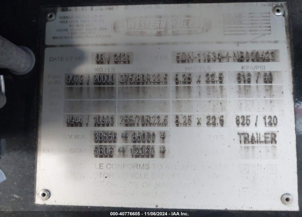 2022 WESTERN TRAILERS --- VIN: 5DN115344NB000423