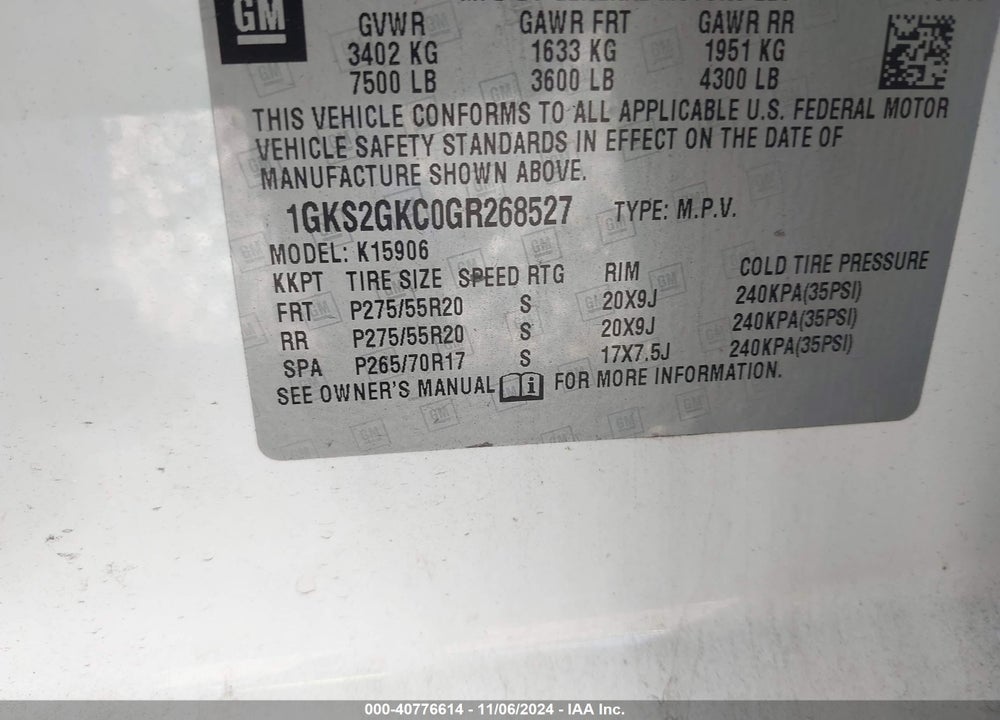 2016 GMC YUKON XL VIN: 1GKS2GKC0GR268527