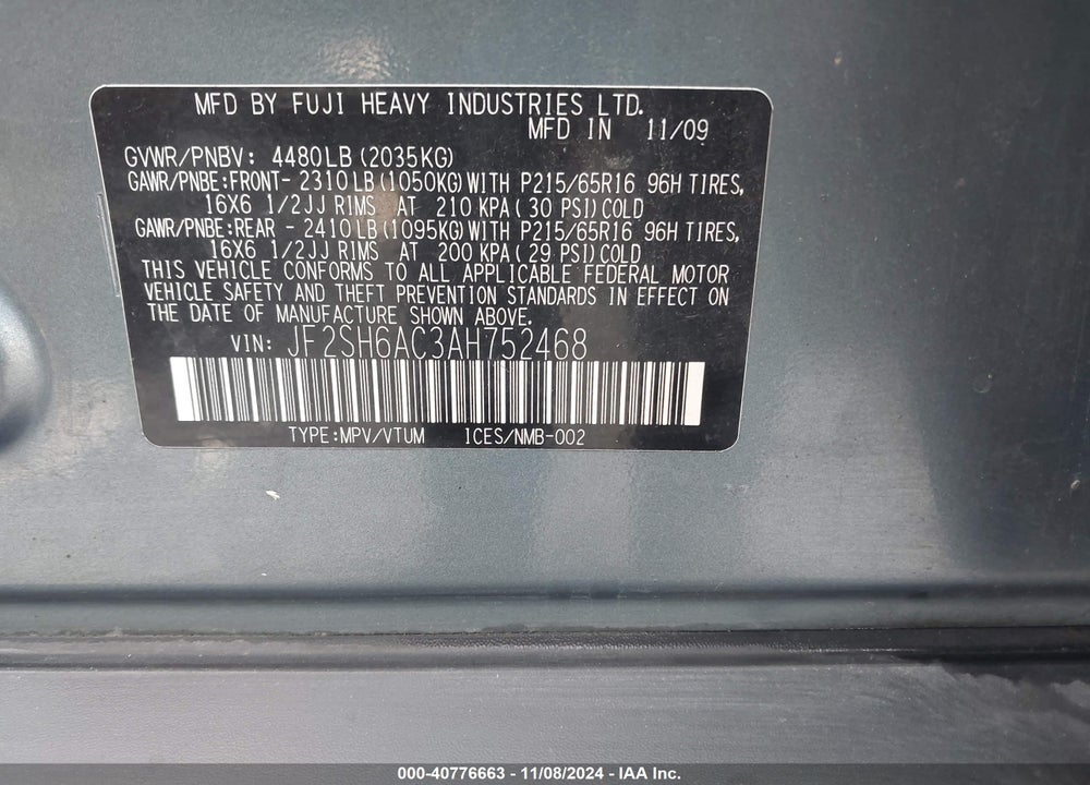 2010 SUBARU FORESTER 2.5X VIN: JF2SH6AC3AH752468