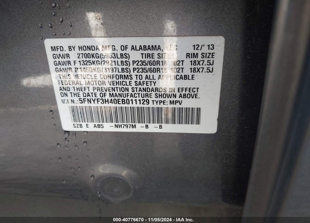 2014 HONDA PILOT EX VIN: 5FNYF3H40EB011129