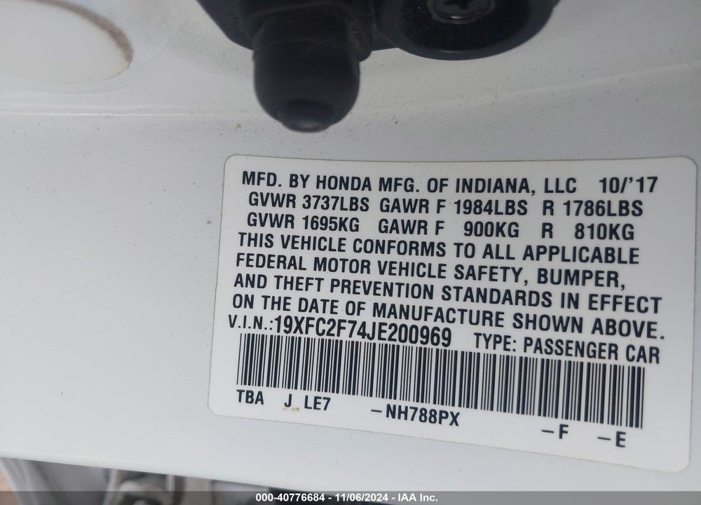 2018 HONDA CIVIC VIN: 19XFC2F74JE200969