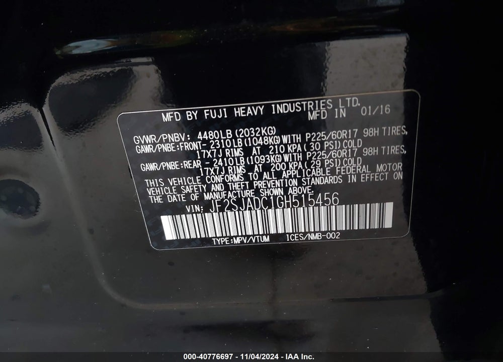 2016 SUBARU FORESTER 2.5I PREMIUM VIN: JF2SJADC1GH515456