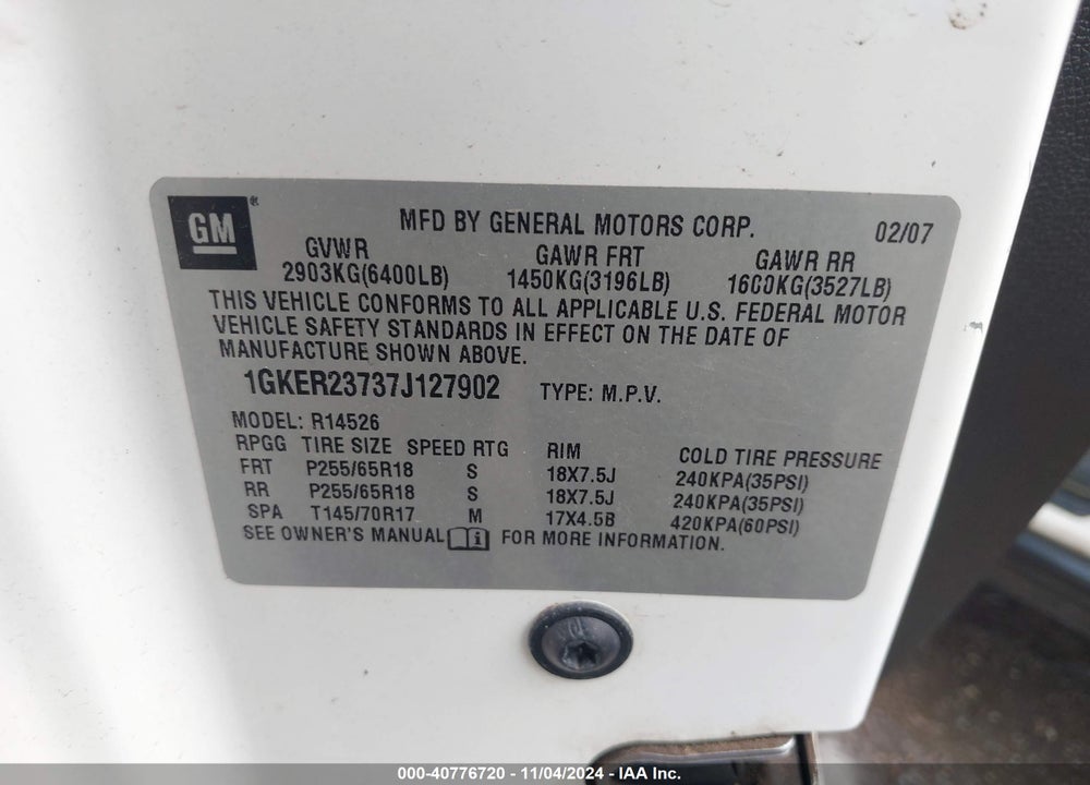 2007 GMC ACADIA SLT-1 VIN: 1GKER23737J127902