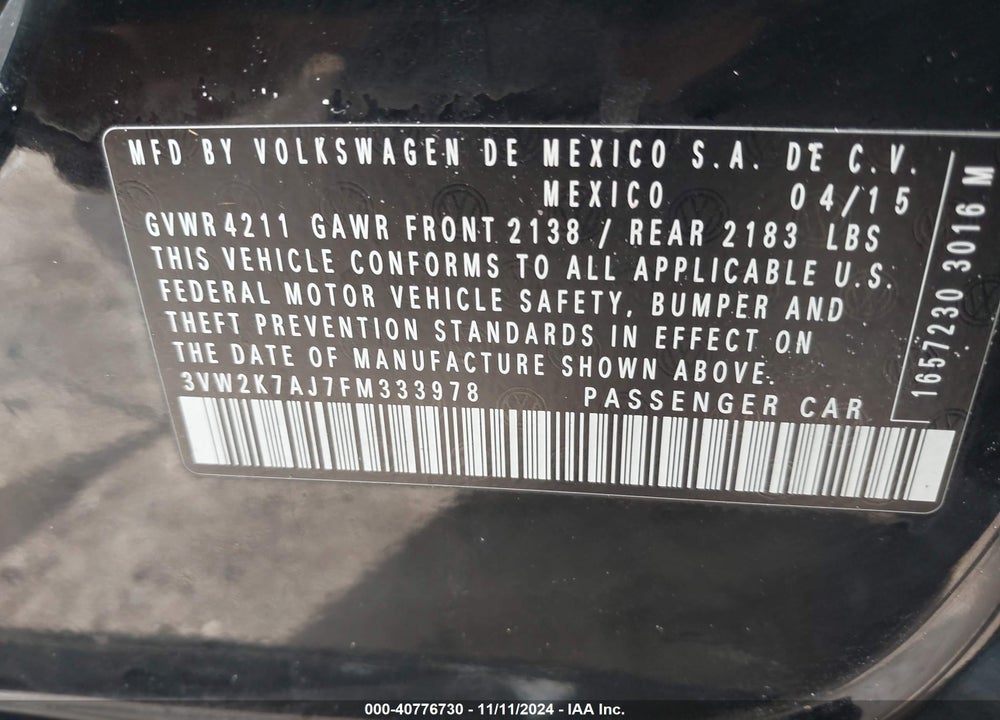 2015 VOLKSWAGEN JETTA 2.0L S VIN: 3VW2K7AJ7FM333978
