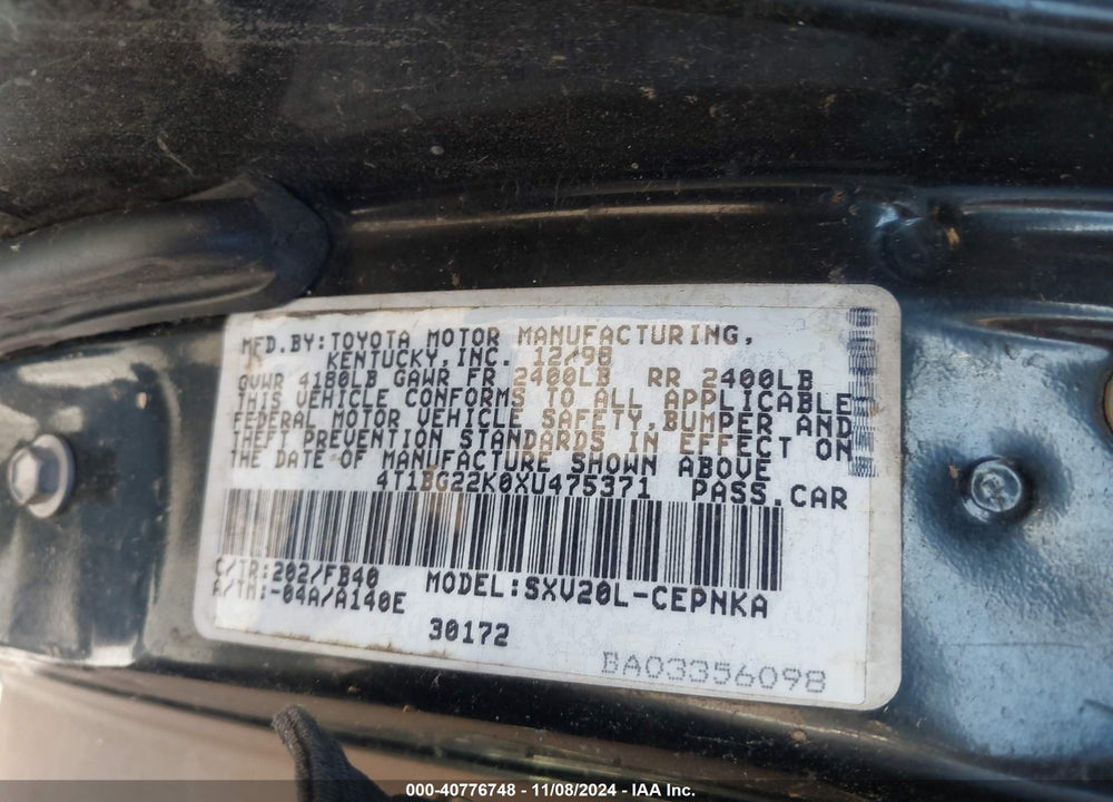 1999 TOYOTA CAMRY LE VIN: 4T1BG22K0XU475371
