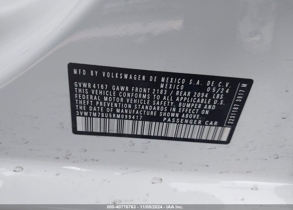 2024 VOLKSWAGEN JETTA VIN: 3VW7M7BU5RM099417