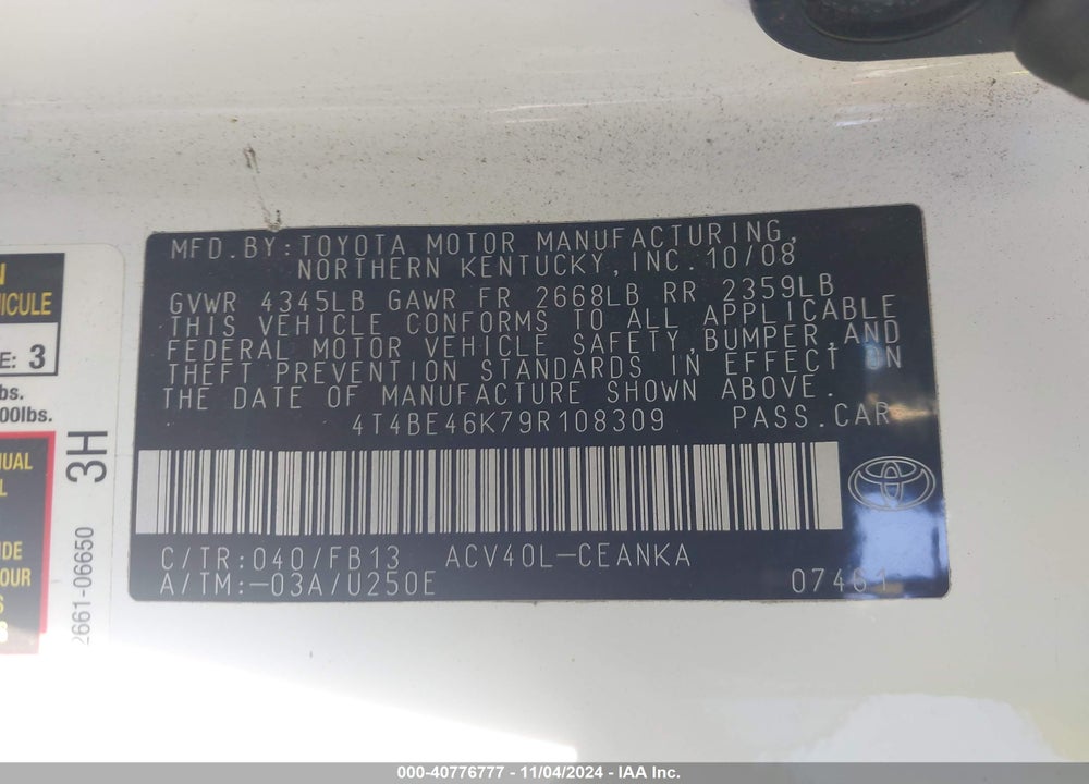 2009 TOYOTA CAMRY LE VIN: 4T4BE46K79R108309